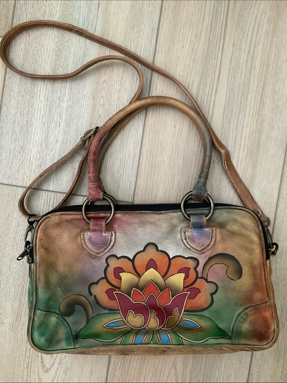 Anuschka Hand Painted Lotus Leather Three Compartment Satchel Crossbody Boho